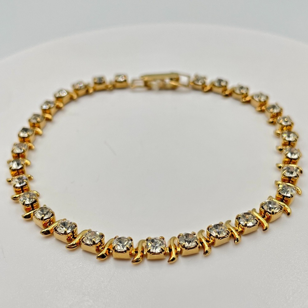 Vintage Y2K Gold Tone Clear Rhinestone Crystal Tennis Bracelet S Link Elegant